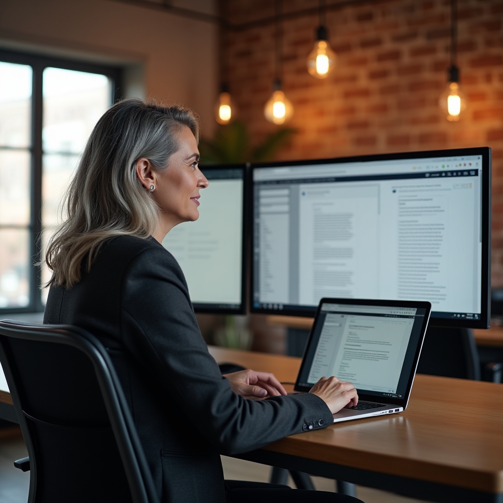 Professional reviewing communication templates on laptop screen in modern office environment