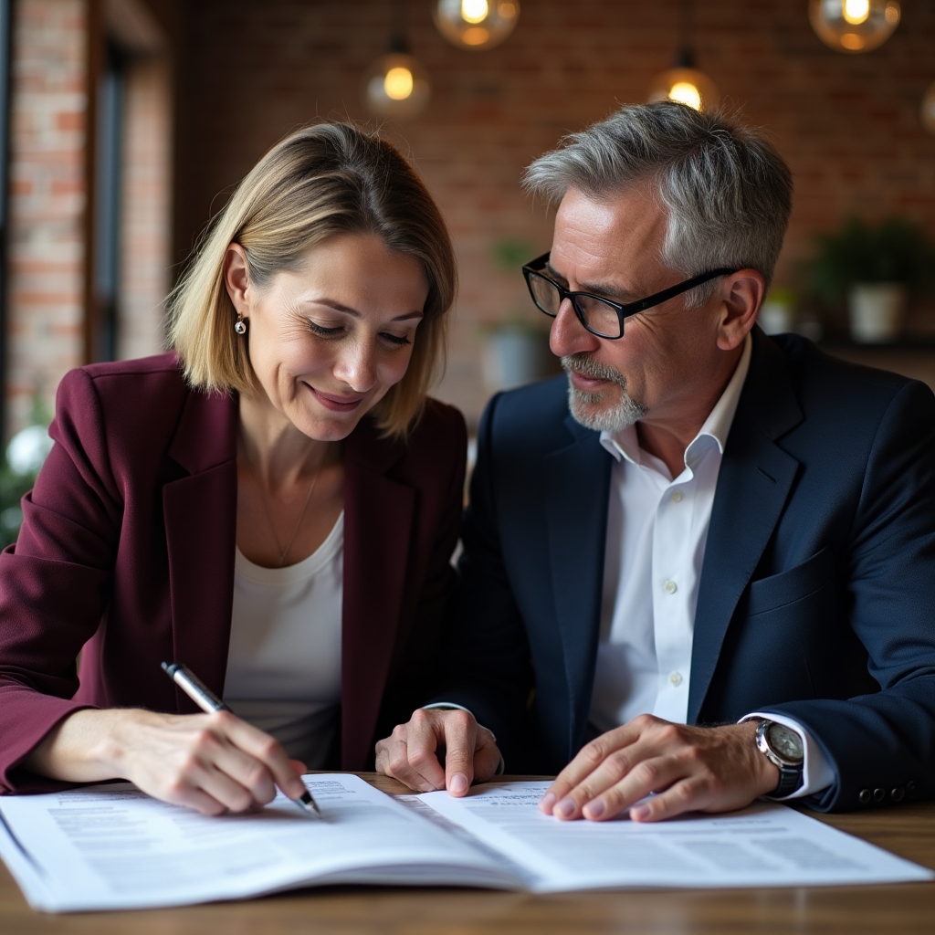 Business consultant working closely with SME client reviewing process documents