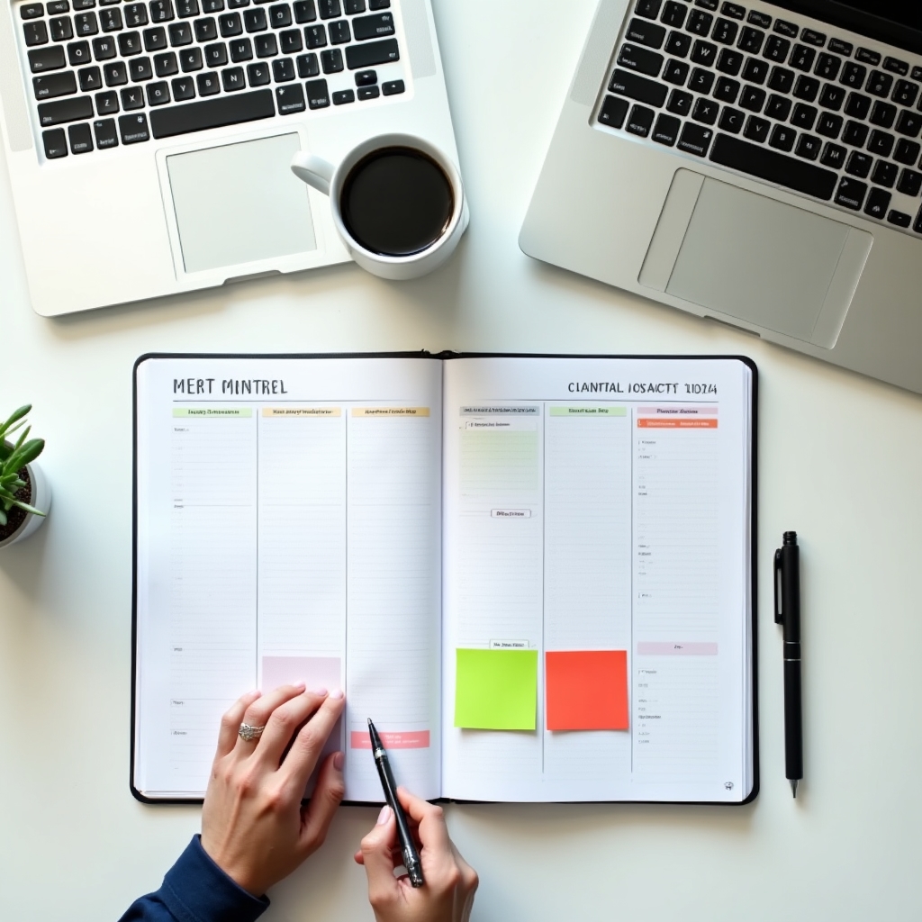 Business professional planning contact cadence on digital calendar with color-coded schedule