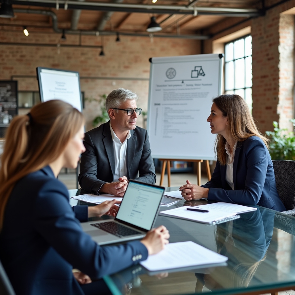 Business consulting team conducting implementation session around conference table with laptops and documents