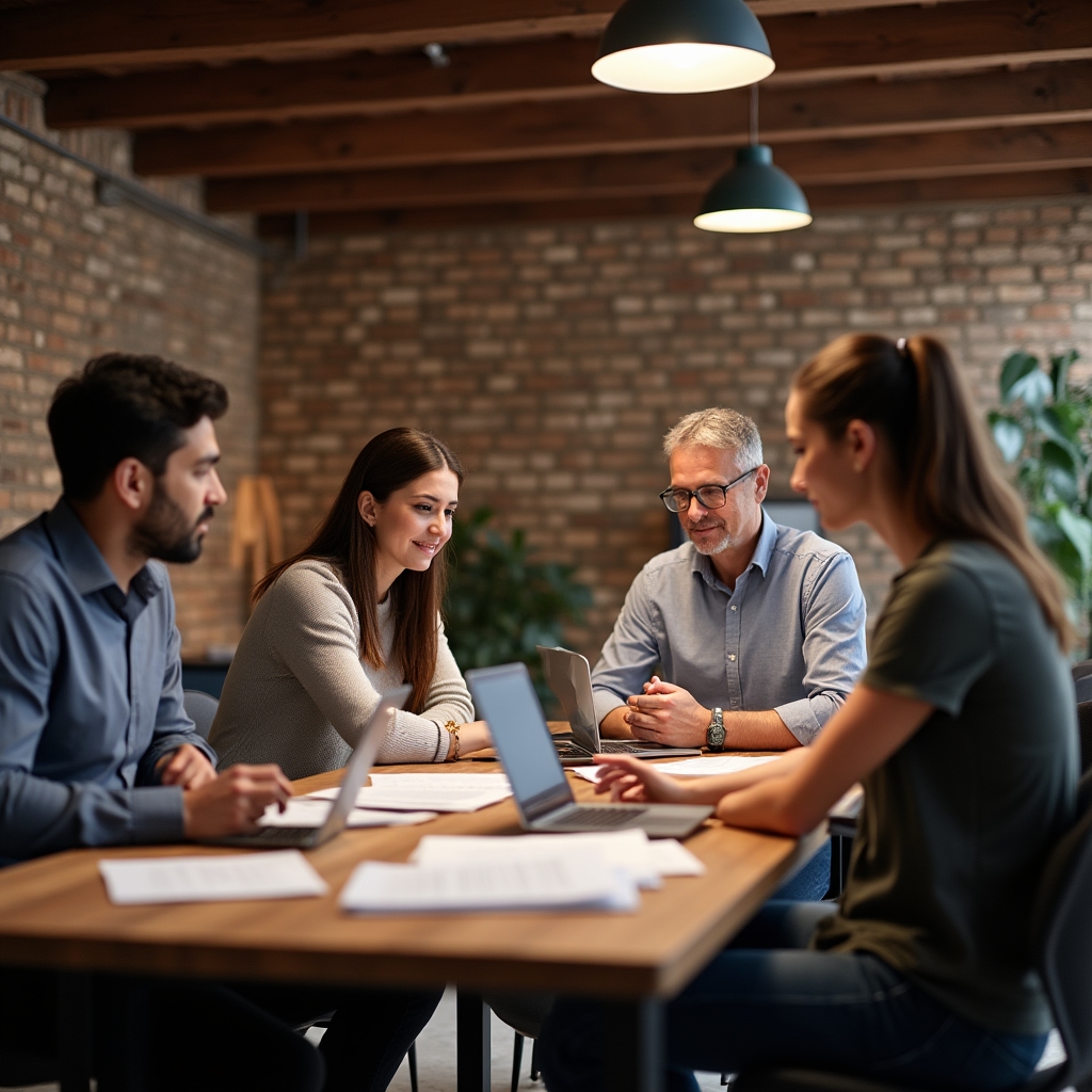 Small business team in a collaborative meeting discussing operations