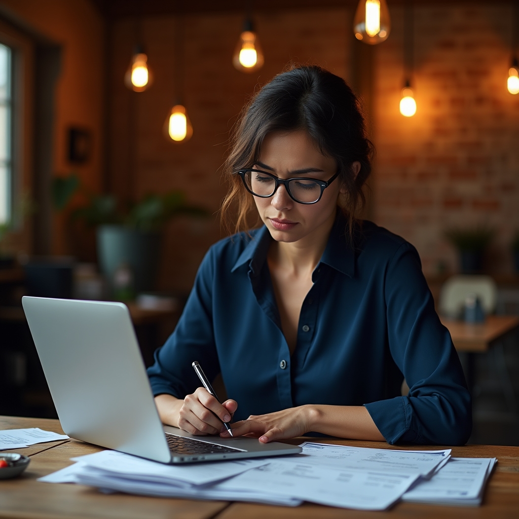 SME owner reviewing overdue invoices at desk